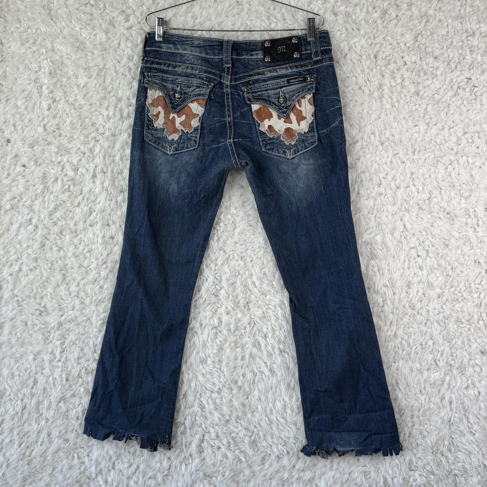 Miss Me Jeans Size 31 Blue Bootcut Distressed Rhinestone Cowhide Pocket Y2K FLAW - Picture 2 of 12